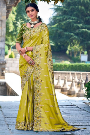 Chartreuse Green Gadhwal Silk Designer Saree