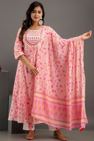Cherry Pink and White Embroidered Rayon Cotton Pant Kameez