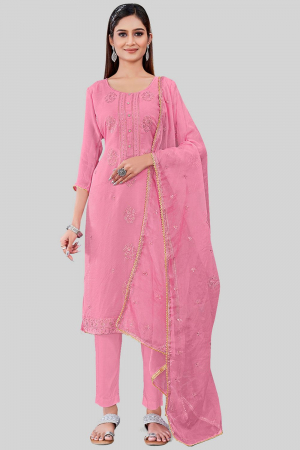 Cherry Pink Embroidered Chanderi Silk Pant Kameez