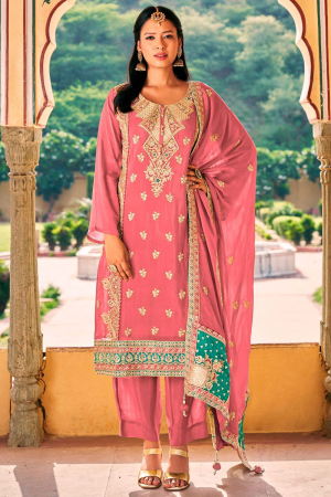 Cherry Pink Embroidered Chinnon Trouser Kameez
