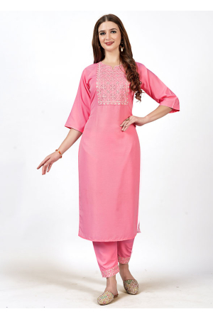 Cherry Pink Embroidered Cotton Rayon Kurti with Pant