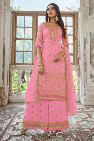Cherry Pink Embroidered Faux Georgette Palazzo Kameez