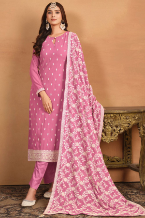 Cherry Pink Embroidered Faux Georgette Pant Kameez