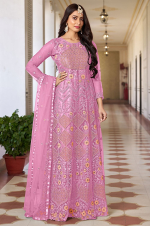 Cherry Pink Embroidered Net Anarkali Dress for Festival