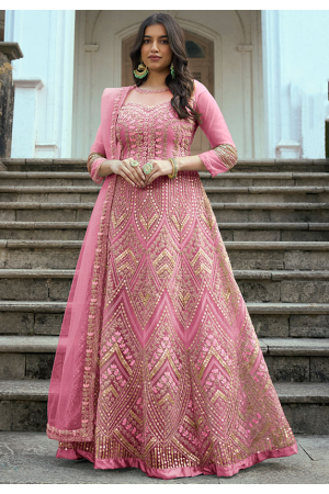 Cherry Pink Embroidered Net Anarkali Suit