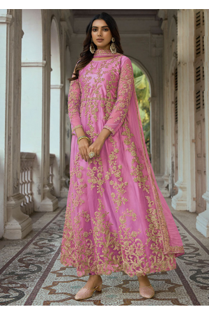 Cherry Pink Embroidered Net Pant Kameez