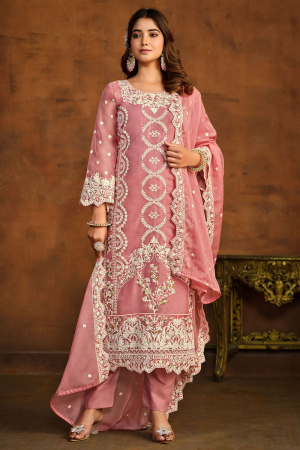 Cherry Pink Embroidered Organza Pant Kameez