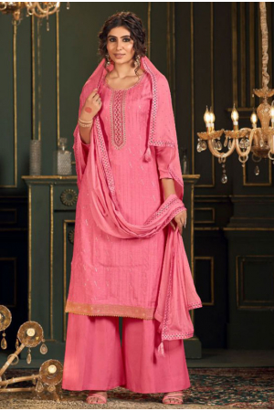 Cherry Pink Embroidered Pure Muslin Palazzo Kameez