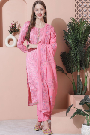 Cherry Pink Floral Print Plus Size Satin Pant Kameez