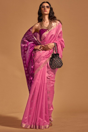 Cherry Pink Handloom Weaving Silk Saree