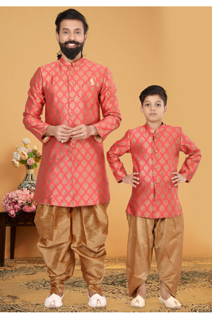 Cherry Pink Jacquard Silk Father Son Indo Western Combo