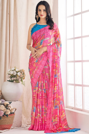 Cherry Pink Printed Chiffon Saree with Contrast Blouse
