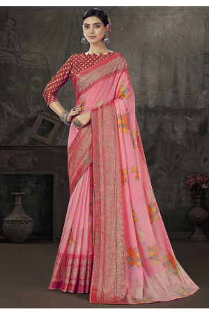 Cherry Pink Printed Party Wear Saree