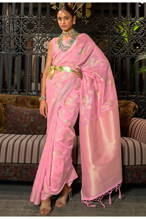 Cherry Pink Pure Handloom Weaving Silk Saree