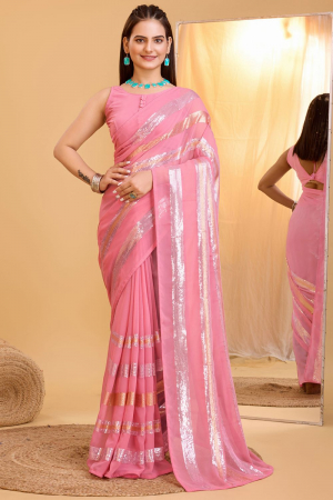 Cherry Pink Sequins Embroidered Georgette Saree