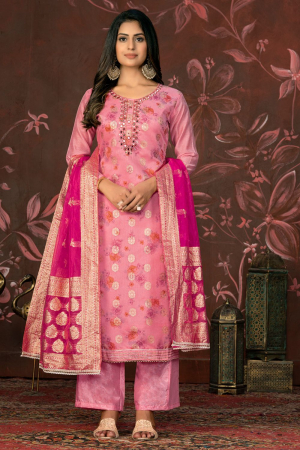 Cherry Pink Woven Hand Work Readymade Suit