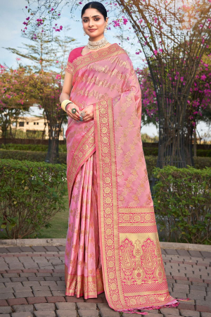 Cherry Pink Woven Satin Silk Saree