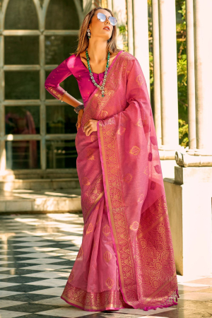 Cherry Pink Woven Tissue Silk Saree for Ceremonial