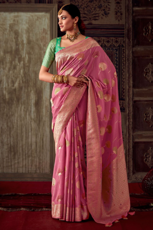 Cherry Pink Zari Woven Banarasi Crepe Georgette Saree