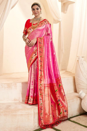 Cherry Pink Zari Woven Paithani Tissue Silk Saree