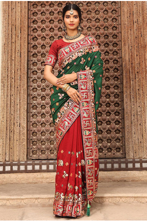 Cherry Red and Bottle Green Embroidered Silk Saree