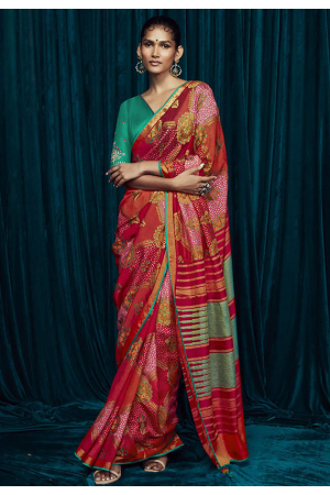 Cherry Red Brasso Saree with Embroidered Blouse