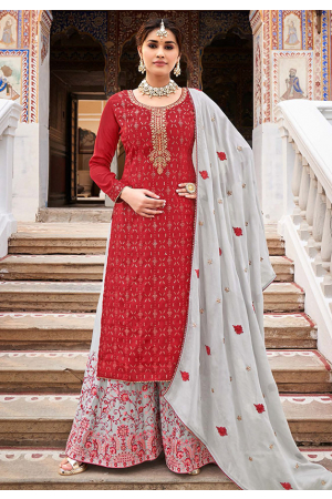 Cherry Red Chinnon Embroidered Palazzo Kameez