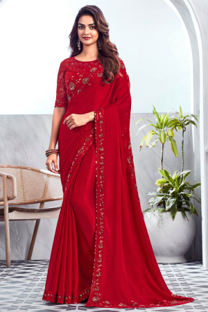 Cherry Red Designer Saree with Embroidered Blouse