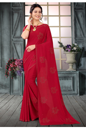 Cherry Red Embellished Pure Crepe Saree