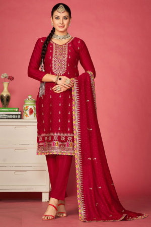 Cherry Red Embroidered Art Silk Pant Kameez for Festival