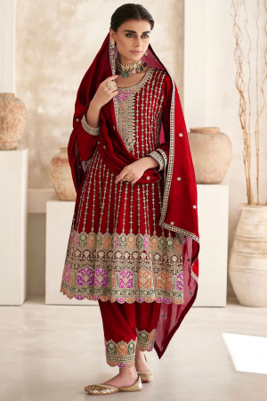 Cherry Red Embroidered Chinnon Trouser Kameez