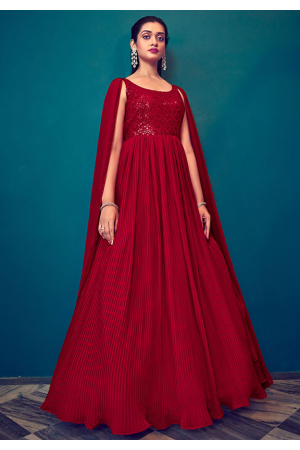 Cherry Red Embroidered Georgette Gown