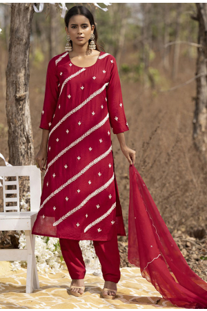 Candy Red Embroidered Muslin Pant Kameez