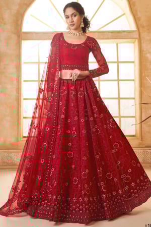 Cherry Red Embroidered Net Designer Lehenga Choli