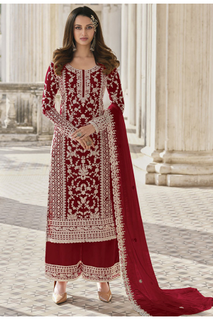 Cherry Red Embroidered Net Palazzo Kameez