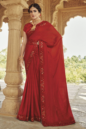 Cherry Red Embroidered Saree for Festival