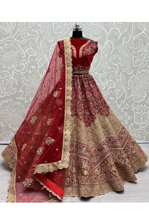 Cherry Red Embroidered Velvet Bridal Lehenga Choli
