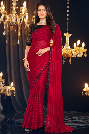 Cherry Red Georgette Zari Shimmer Saree with Embroidered Blouse