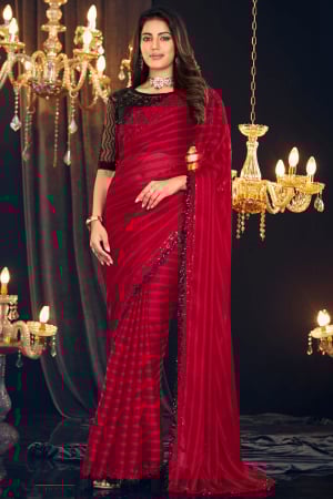 Cherry Red Georgette Zari Shimmer Saree with Embroidered Blouse