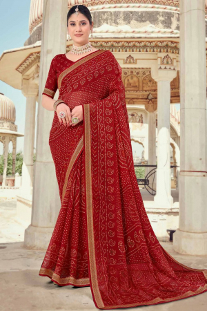 Cherry Red Printed Chiffon Saree for Festival