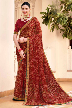 Cherry Red Printed Chiffon Saree for Party
