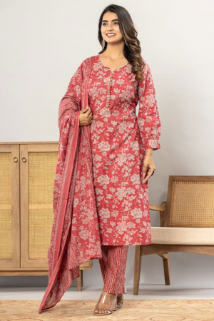 Cherry Red Printed Cotton Readymade Pant Kameez