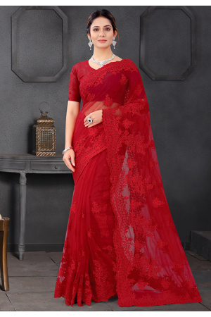 Cherry Red Resham Embroidered Net Saree