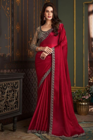Cherry Red Satin Silk Chiffon Saree with Embroidered Blouse