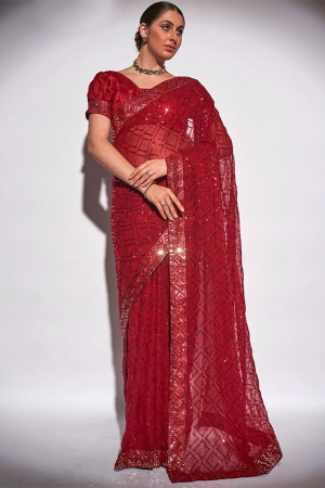 Cherry Red Sequined Georgette Saree