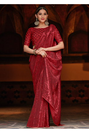 Cherry Red Sequined Georgette Saree