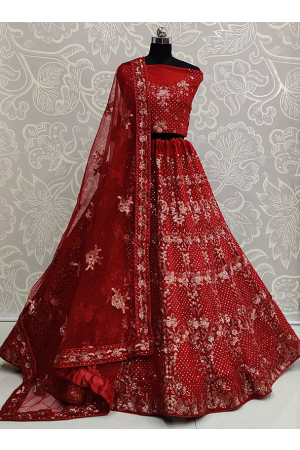 Cherry Red Sequins Embroidered Net Designer Lehenga Choli