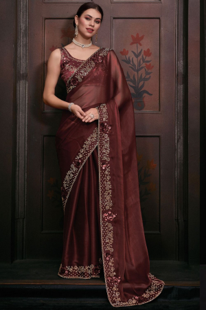 Chocolate Brown Embellished Silk Designer Saree for Wedding
