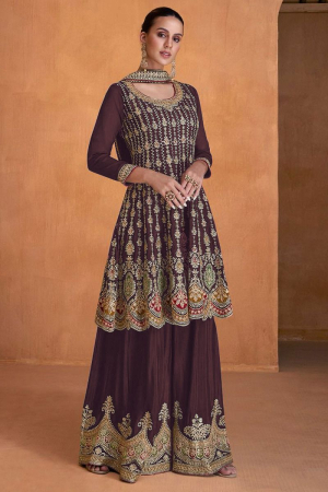 Chocolate Brown Embroidered Faux Georgette Palazzo Kameez