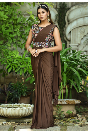 Chocolate Brown Lycra Saree with Readymade Blouse